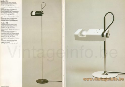 Joe Colombo Spider floor lamp 1978 catalogue picture 1965 design: Joe Colombo Spider 3319 black & Spider 219 desk lamp white