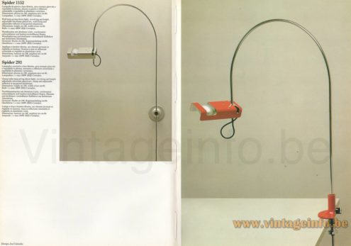 Joe Colombo Spider floor lamp 1978 catalogue picture 1965 design: Joe Colombo Spider 1152 wall lamp & 293 clamp lamp