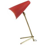 Conical tube table lamp brass crowfoot base & rods wrinkle paint lampshade 1950s 1960s Boris Lacroix France