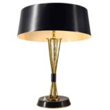 Oscar Torlasco desk lamp round black metal base & lampshade brass rods 1950s design Lumi Italy