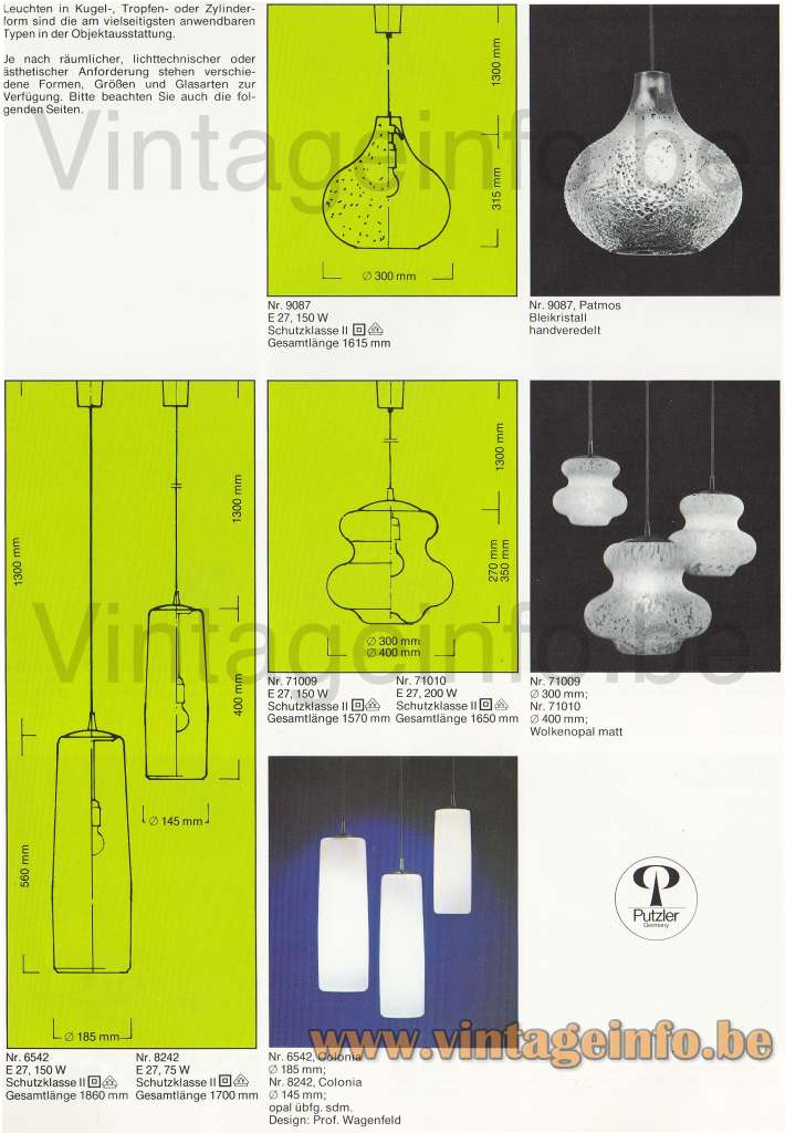 Peill + Putzler Patmos pendant lamp 1977 1978 catalogue picture models: 9087 71009 71010 71009 6542 8242 6542 Colonia
