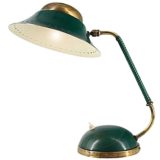 1950s French desk lamp half-globe base brass rod swirl plastic handle aluminium hat-style lampshade 1960s