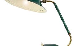1950s French desk lamp half-globe base brass rod swirl plastic handle aluminium hat-style lampshade 1960s