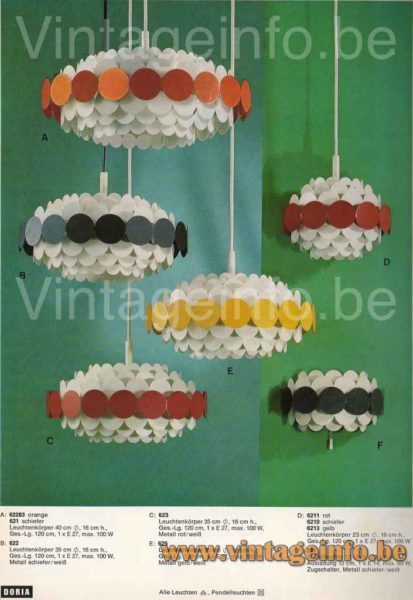 DORIA metal pendant lamp 1970s Catalogue Picture models: 62283 622 623 625 6211 6210 6213 221