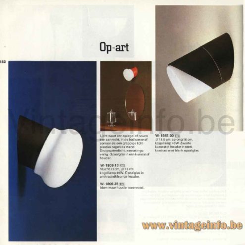 Raak Op-Art wall lamp 1978 catalogue picture black & red version models W-1809.13 W-1809.25 W-1865.00