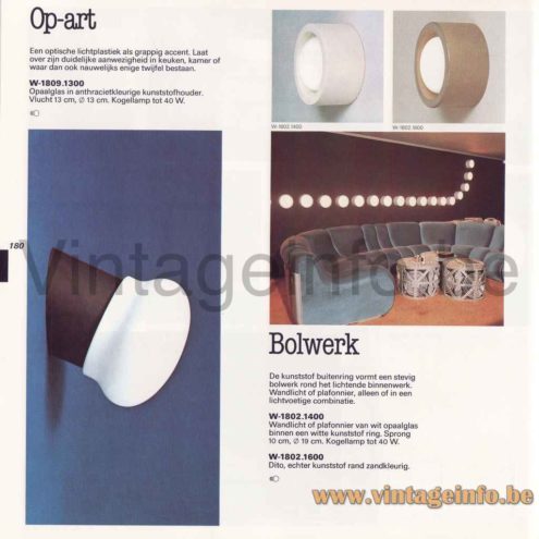 Raak Op-Art wall lamp 1982 catalogue picture black version W-1809.1300 Bolwerk model W-1802