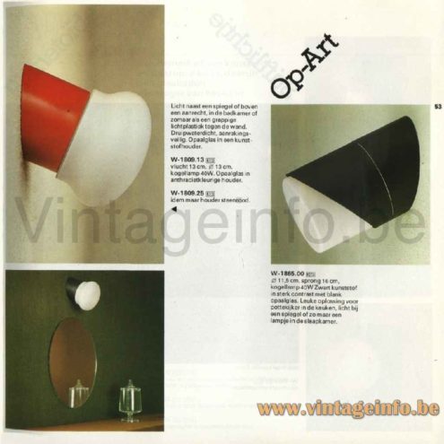 Raak Op-Art wall lamp 1978 catalogue picture red & black version models W-1809.13 W-1809.25 W-1865.00