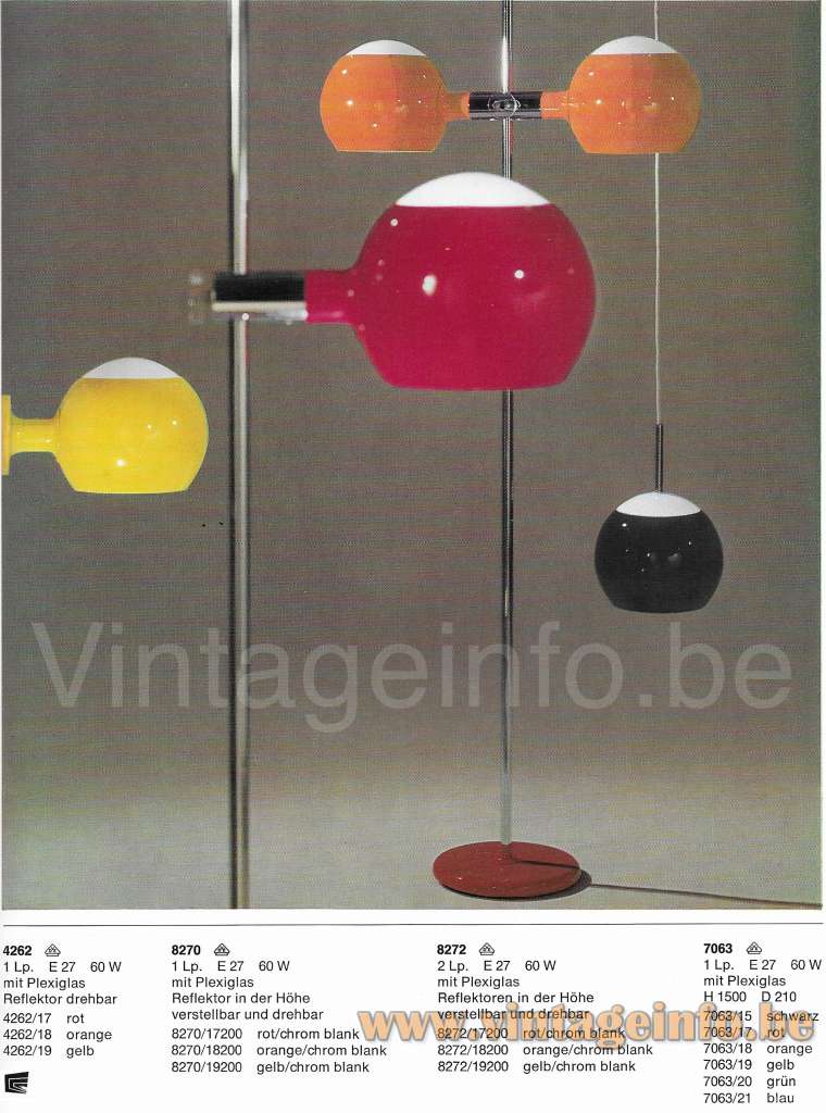 1970s Cosack arc floor lamp 1970 catalogue picture models: 4262 8270 8272 & 7063 similar with a translucent white top