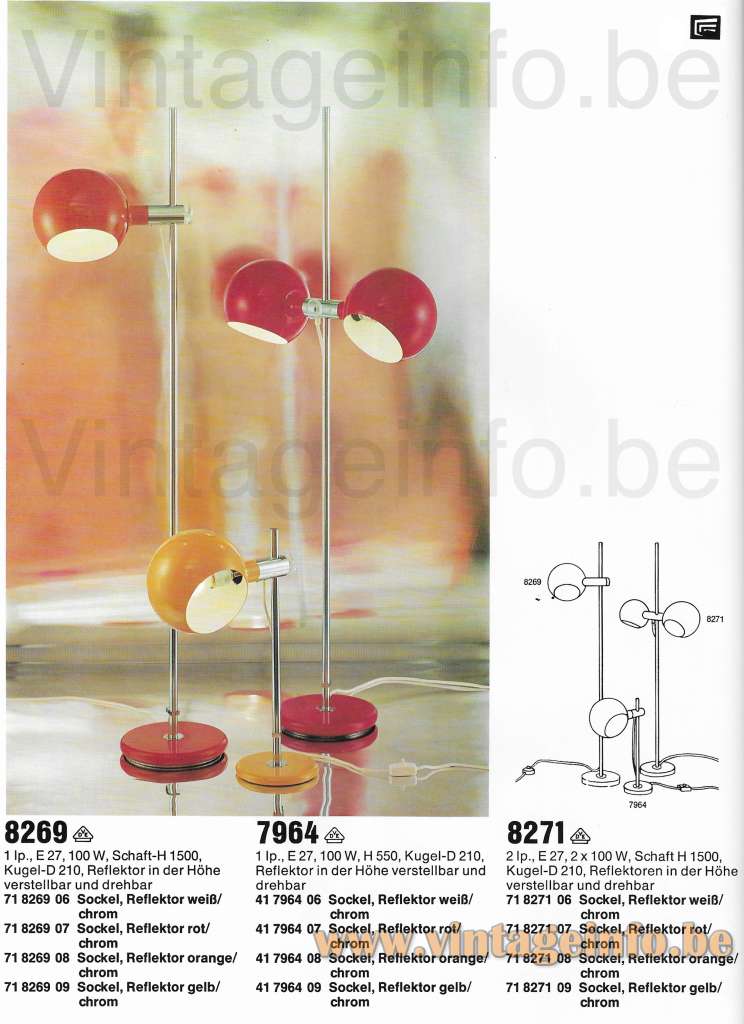 1970s Cosack arc floor lamp 1972 catalogue picture models: 8269, 7964, 8271 floor lamps & table lamp