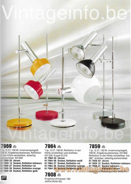 1970s Cosack arc floor lamp 8285 1972 catalogue picture models: 7969, 7964, 7608, 7859 table lamps