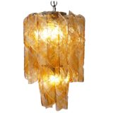 Amber & clear glass swirl chandelier orange & lucid Murano glass spirals chrome frame 1960s 1970s Italy