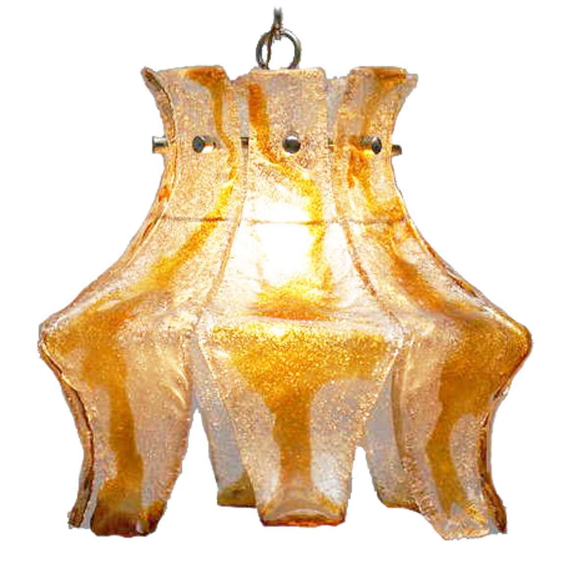 Amber foliate glass pendant lamp 8 curves brown orange glass leaves chrome frame chain 1970s 1980s