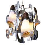 Amber & white glass horn chandelier chrome slats trumpet lampshades wood cone 1960s design Italy