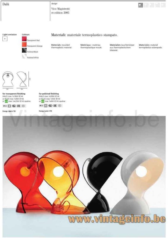 Artemide Dalù table lamp 2015 catalogue picture 1966 design Vico Magistretti Italy