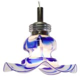 Blue & white glass flower pendant lamp chrome rings & tube petunia lampshade 1970s 1980s design
