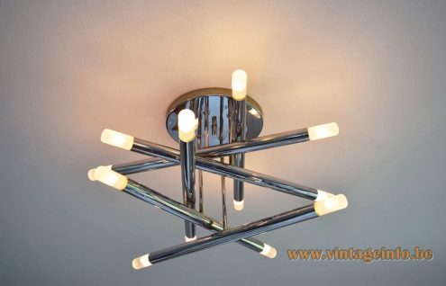 Boulanger chrome tubes ceiling lamp round metal ceiling plate 6 criss-cross tubes 12 E14 light bulbs