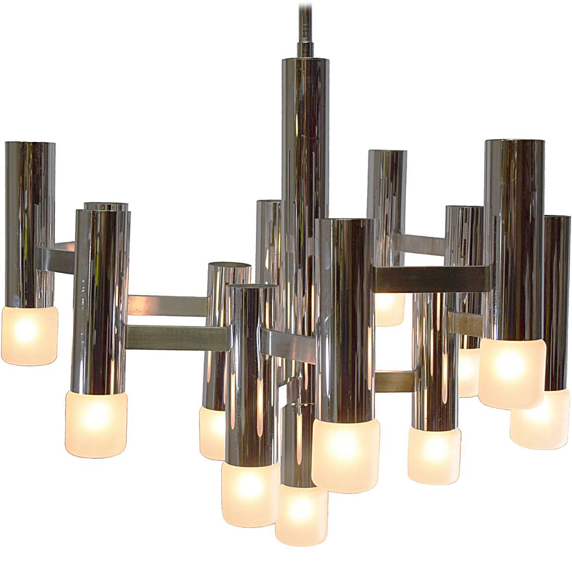 Boulanger chrome tubular chandelier metal slats & rods 13 pipes lampshade 1970s, 1980s Belgium