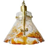 Conical amber glass pendant lamp 3 crystal brown yellow glass & brass parts 1970s 1980s design