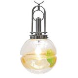 Glass globe pendant lamp ornamental chrome chain yellow green hand-blown lampshade 1960s 1970s Italy