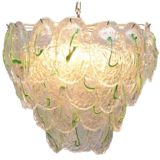 Green glass leaves chandelier 40 shells chrome frame chain 12 lamp sockets 1960s 1970s