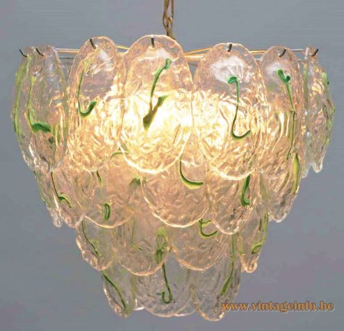 Green glass leaves chandelier 40 shells chrome frame chain 12 lamp sockets 1960s 1970s