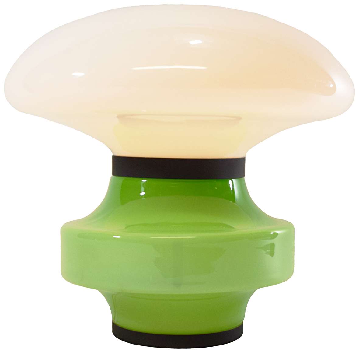 Green & white glass table lamp round base black ring mushroom lampshade 1960s 1970s design