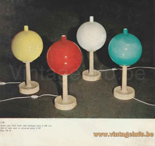 Luxus globe table lamp 1960s catalogue picture model 1108 yellow red white opal & blue versions. 