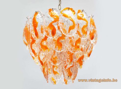 Orange glass leaves chandelier 40 shells chrome frame chain 12 lamp sockets 1960s 1970s Italy