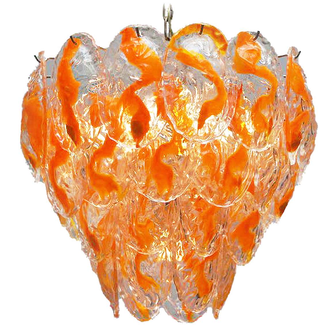 Orange glass leaves chandelier 40 shells chrome frame chain 12 lamp sockets 1960s 1970s Italy