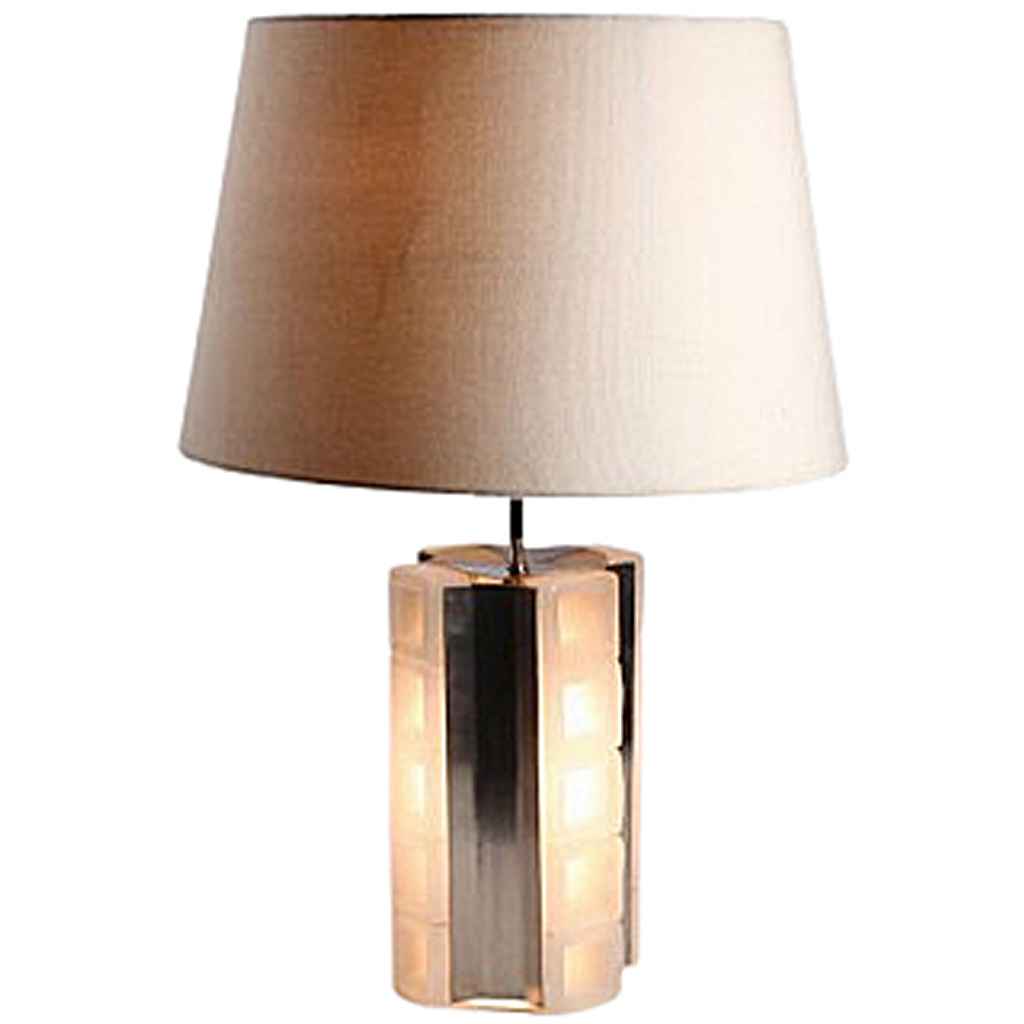Poliarte Albano Poli table lamp white bubleglass cubes base fabric lampshade 1970s design Italy