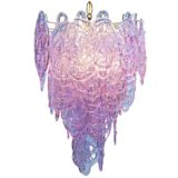 Purple glass spaghetti chandelier 33 purple Murano glass spun sugar pretzel threads lampshade chrome wireframe chain 1960s