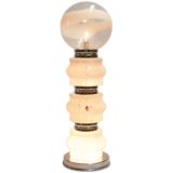 Stacked sculptural glass floor lamp 3 curved mottled glass parts striped globe lampshade chrome rings 1970s