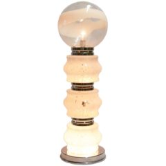 Stacked sculptural glass floor lamp 3 curved mottled glass parts striped globe lampshade chrome rings 1970s
