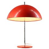 Unilux mushroom table lamp round flat red metal base chrome rod aluminium lampshade 1970s design France