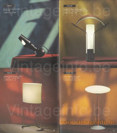 Arteluce Palio Table Lamp – 1994 Catalogue Picture Arteluce Palio table lamp 1994 catalogue picture + models: 600 by Gino Sarfatti, Gala & Pao T2 table lamps