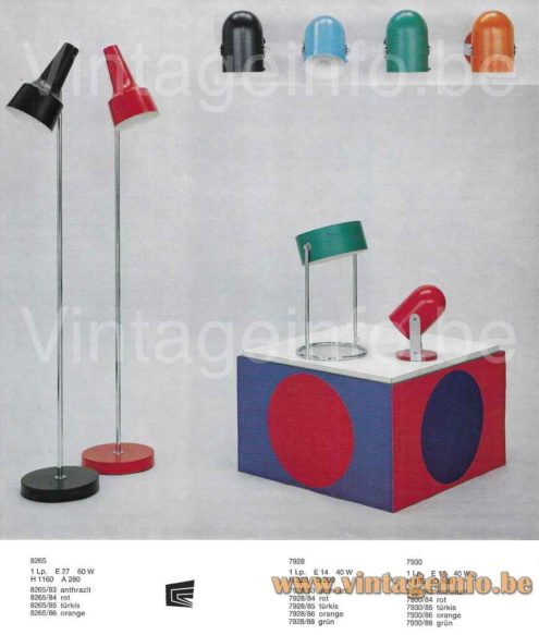 Cosack table lamp 7928 1968 catalogue picture + models: 8265 floor lamp 7930 table lamp