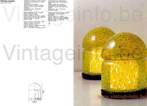 Glicine table lamp design: Gae Aulenti 1970s Vistosi catalogue picture round yellow-green hand-blown spotted glass lampshade Murano Italy