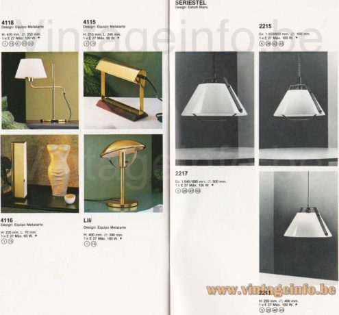 Metalarte Estel pendant lamp models 2215 2217 others: 4115 4115 4118 Lili 1983 catalogue picture