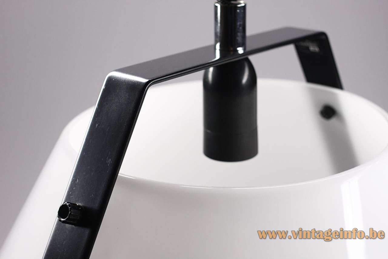 Metalarte Estel Pendant Lamp - 1980S Design: Estudi Blanc, Spain - Close Up Metalarte Estel pendant lamp inside concial white acrylic lampshade black metal slat & E27 socket built-in switch
