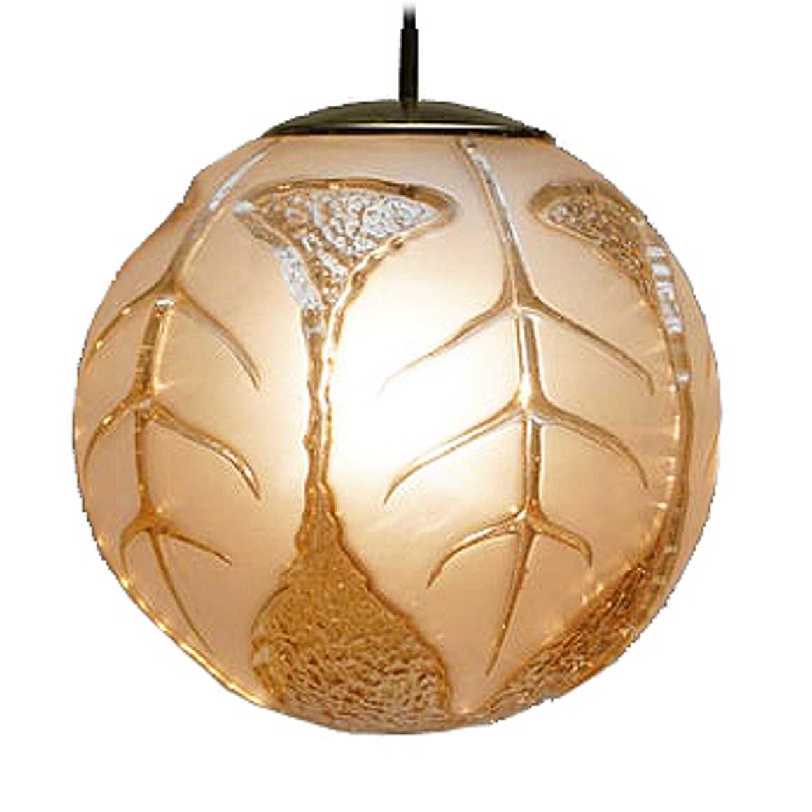 Peill + Putzler Atlantis pendant lamp amber hand-blown glass globe lampshade frosted leaves design 1970s 1980s Germany
