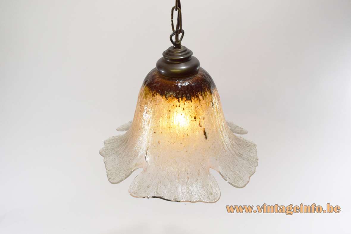 Peill + Putzler Brügge Pendant Lamp - 1970s, 1980s, Germany Peill + Putzler Brügge pendant lamp yellow-brown & clear embossed flower glas lampshade brass chain 1970s 1980s