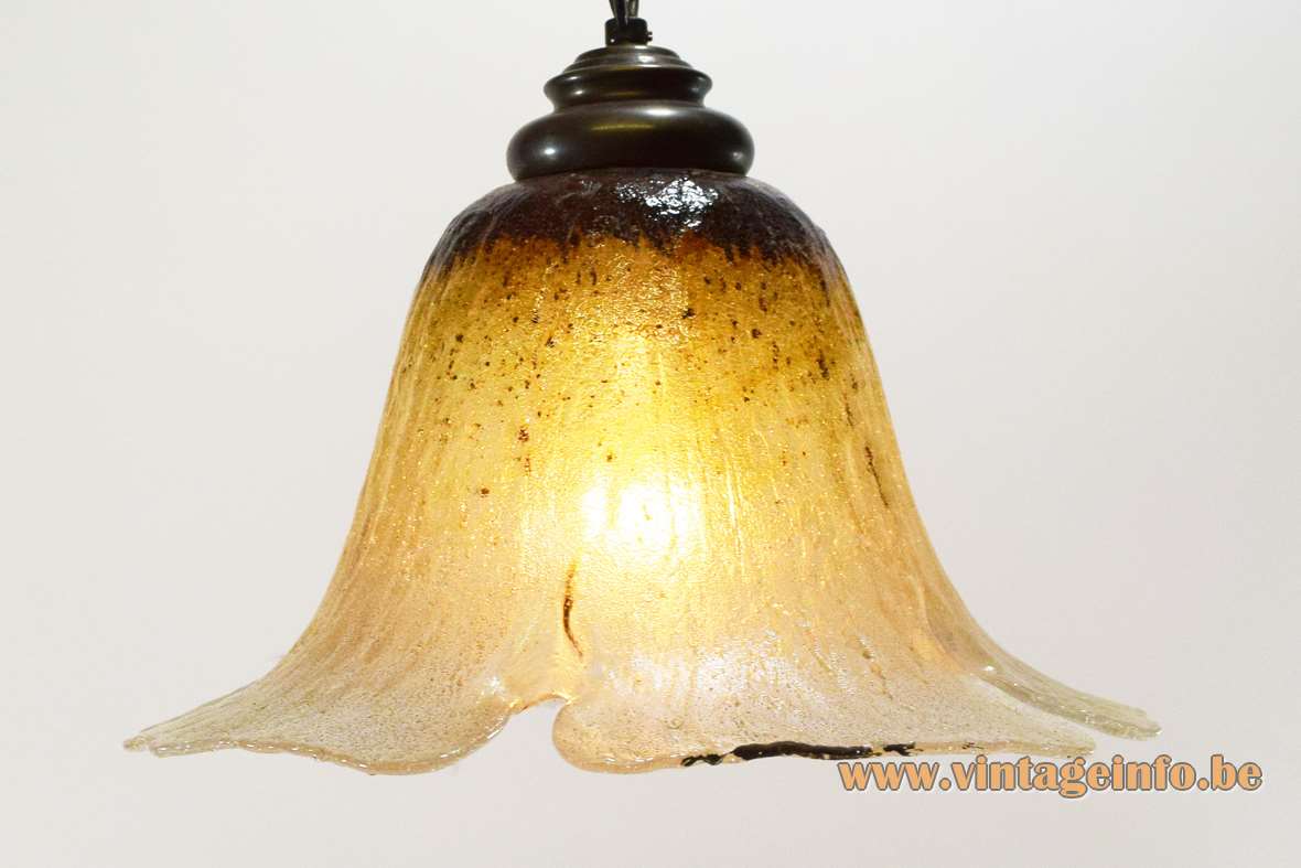 Peill + Putzler Brügge Pendant Lamp - 1970s, 1980s, Germany Peill + Putzler Brügge pendant lamp yellow-brown & clear embossed flower glas lampshade brass chain 1970s 1980s