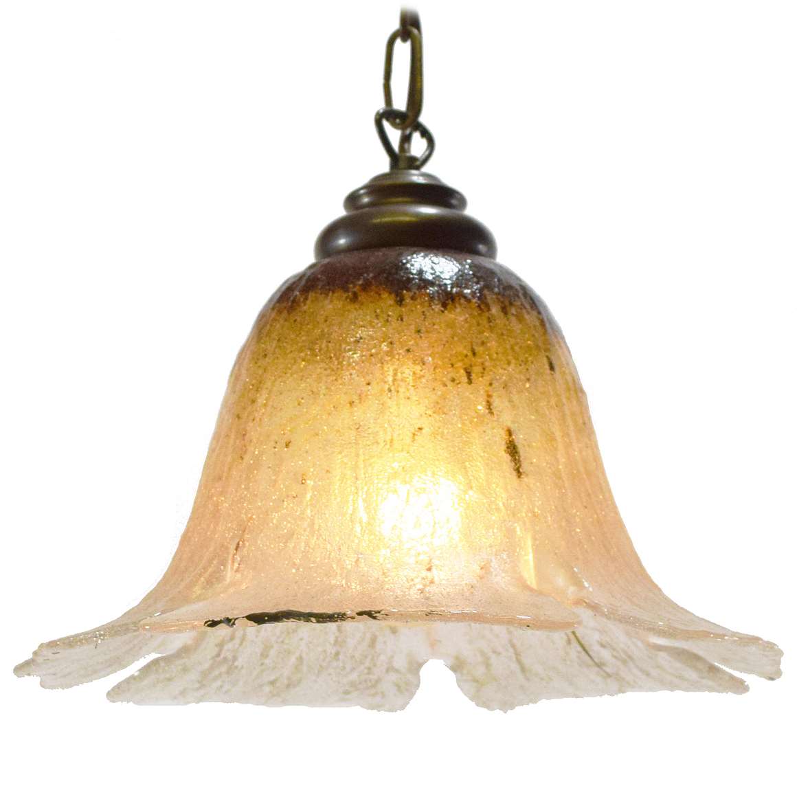 Peill + Putzler Brügge pendant lamp yellow-brown & clear embossed flower glas lampshade brass chain 1970s 1980s