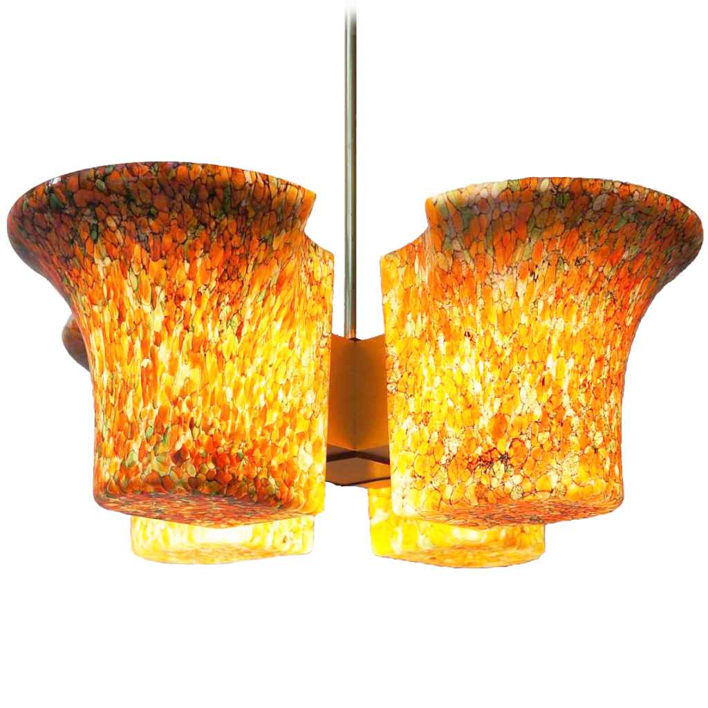 Peill + Putzler Fuga chandelier 4 crosswise brown-yellow-orange chalices lampshades brass rod 1970s 1980s Germany