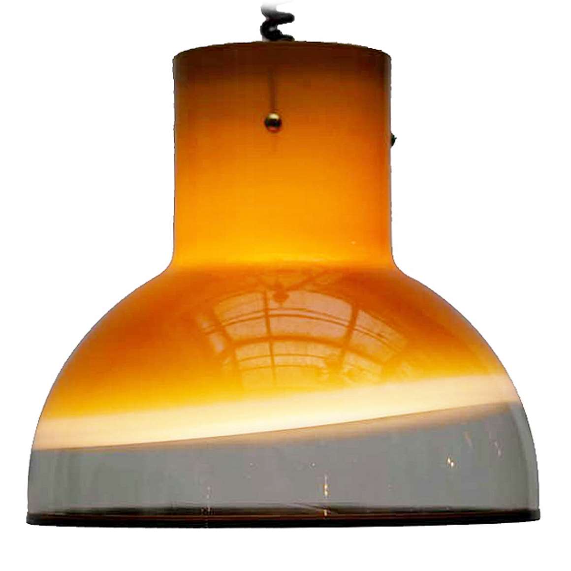 Peill + Putzler Juist pendant lamp model 1417 yellow-brown-amber glass bell lampshade black rim rise & fall spiral 1970s 1980s