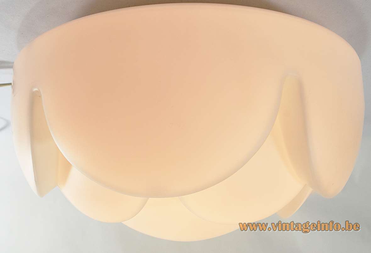 Peill + Putzler Nizza Flush Mount - Wall Lamp - 1970s, 1980s, Germany Peill + Putzler Nizza flush mount wall lamp round white opal frosted glass artichoke flower lampshade 1970s ceiling lamp