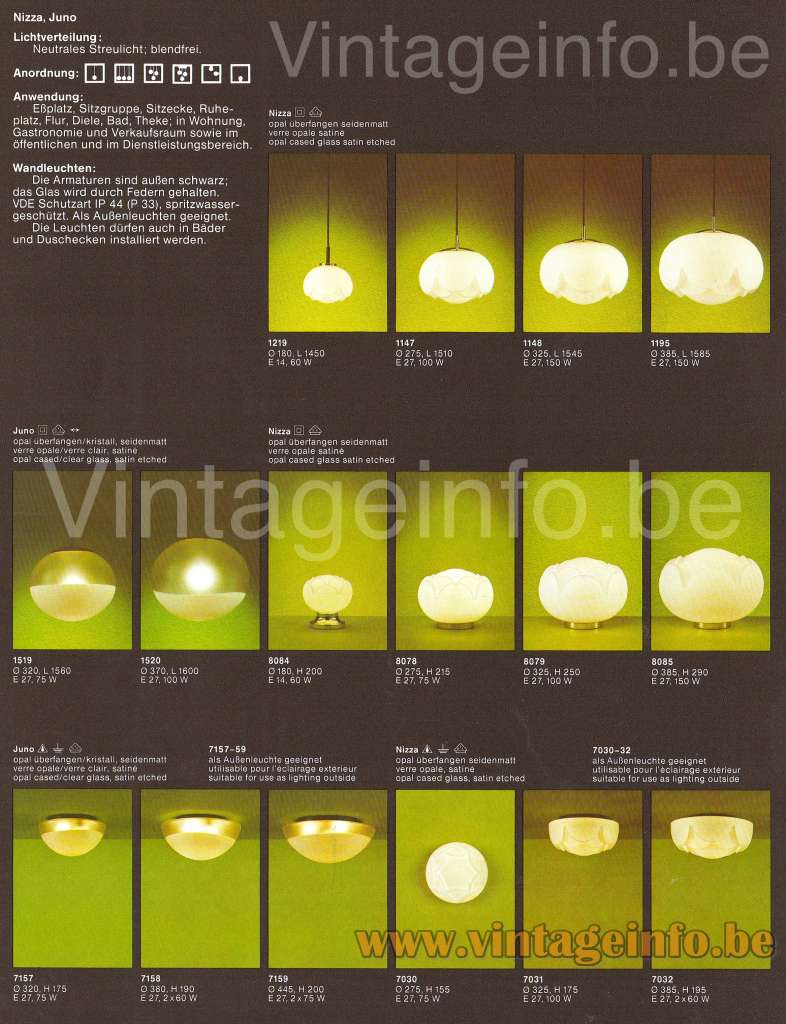 Peill + Putzler Nizza flush mount or wall lamp 1978+79 catalogue picture pendant & table lamps & model Juno