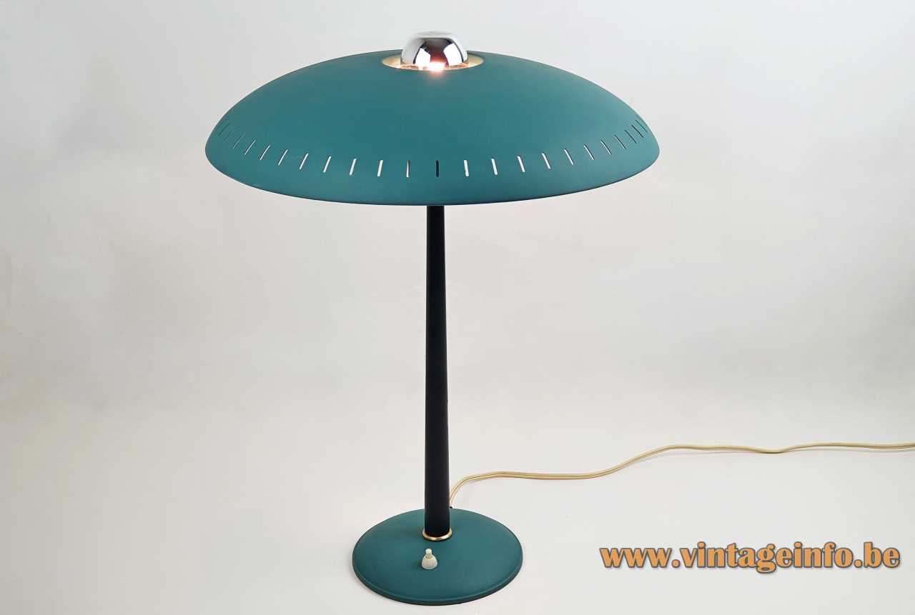 Philips Senior Desk Lamp - 1950s, 1960s Design, The Netherlands Philips Senior desk lamp round blue base conical rod UFO mushroom lampshade + hole 1950s 1960s