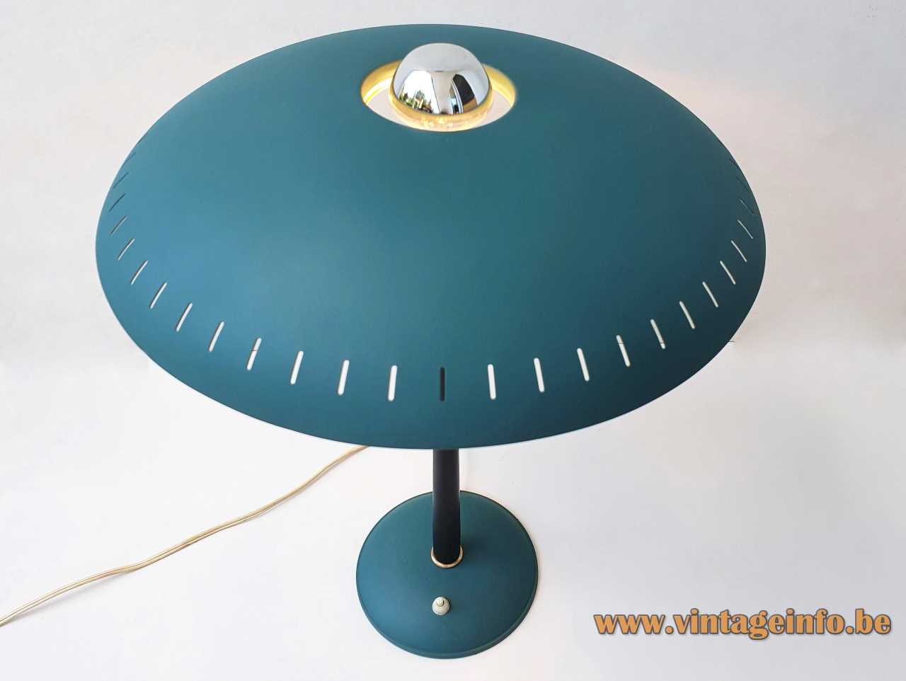 Philips Senior Desk Lamp - 1950s, 1960s Design, The Netherlands - Top View Philips Senior desk lamp round blue base conical rod UFO mushroom lampshade + hole top view