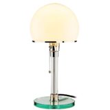 Wagenfeld Bauhaus table lamp 1924 design round glass base & chrome rod white opal half-round lampshade Tecnolumen Germany